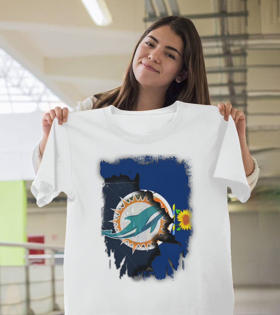 Kansas Flag With Miami Dolphins Logo And Sunflower T-Shirt
