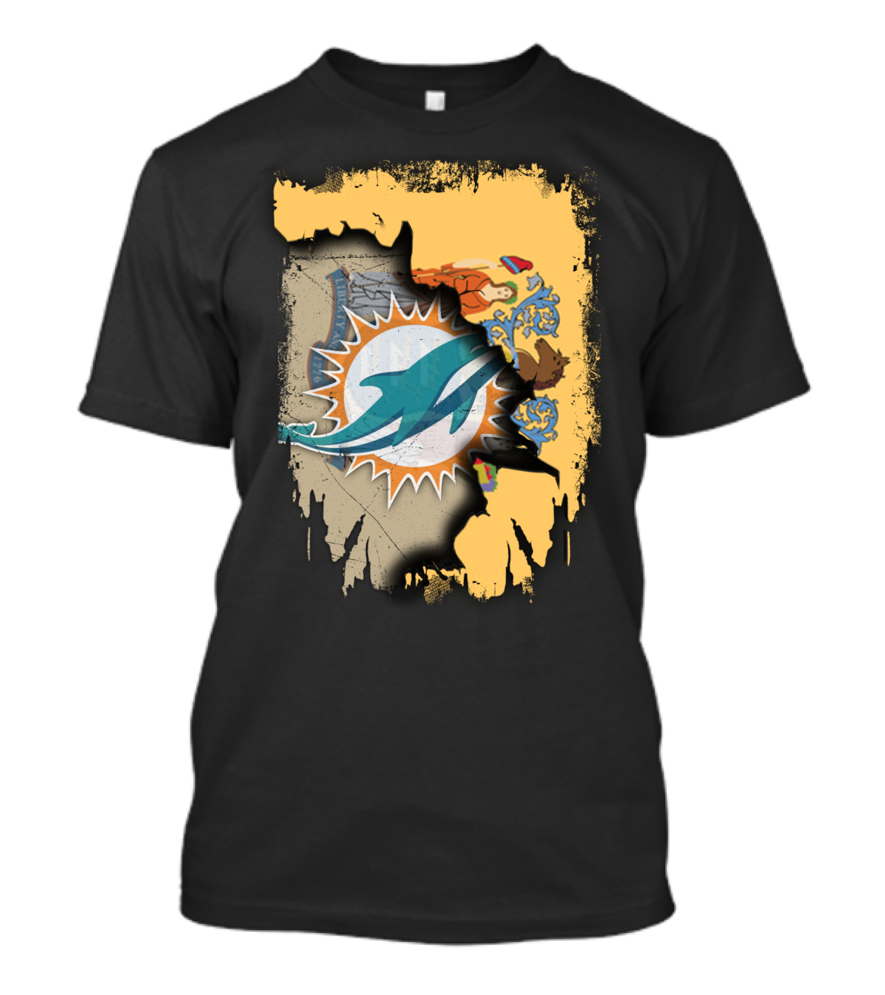 New Jersey Emblem With Miami Dolphins Logo Peeking Through T-Shirt