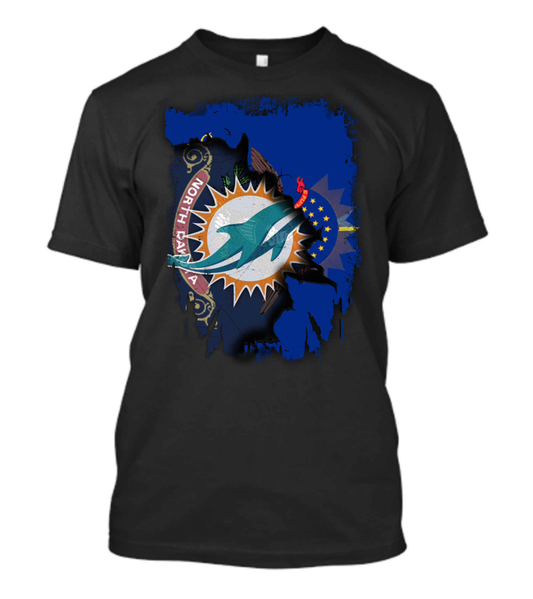 North Dakota State Flag With Dolphins NFL Logo Fusion T-Shirt