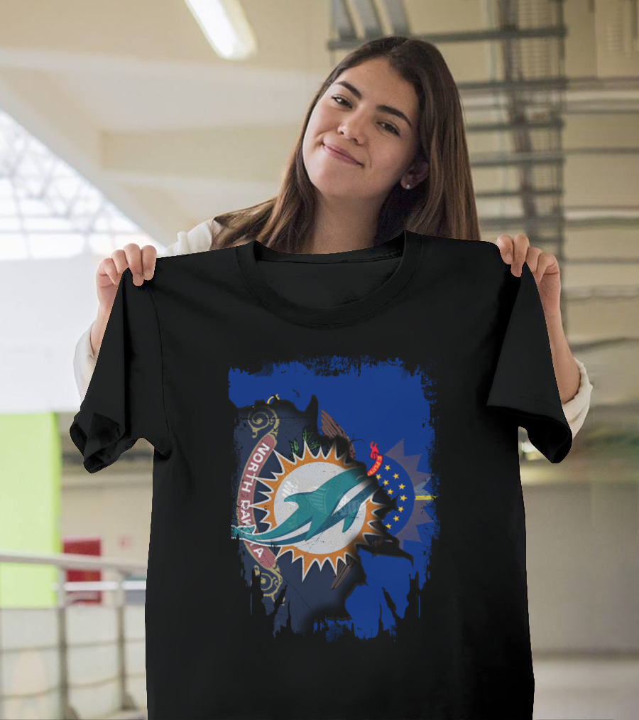 North Dakota State Flag With Dolphins NFL Logo Fusion T-Shirt