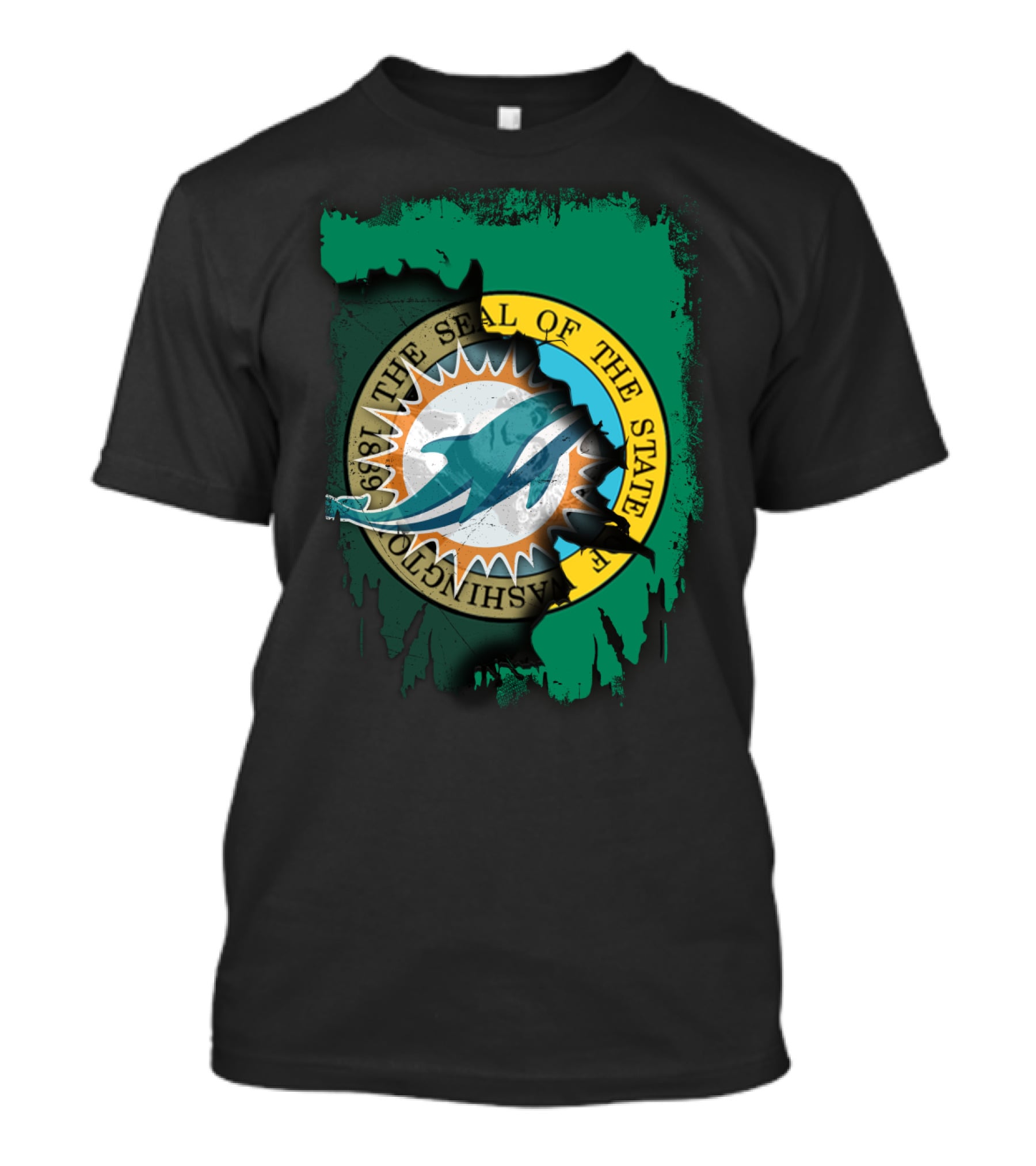The Seal Of The State Of Washington Dolphins Logo Fusion T-Shirt