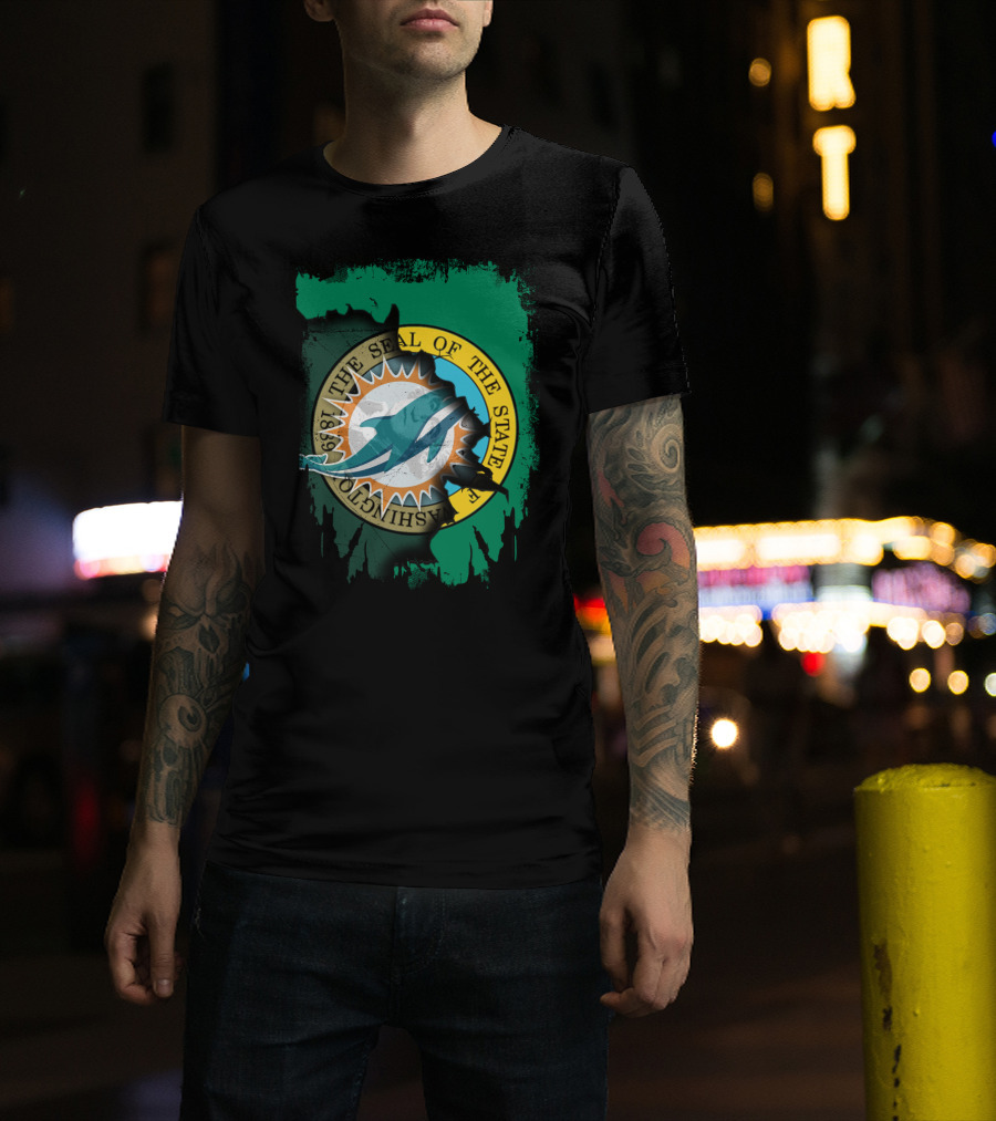 The Seal Of The State Of Washington Dolphins Logo Fusion T-Shirt