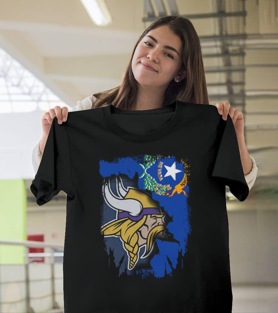 Nevada State Flag Meets Vikings Helmet Emblem T-Shirt