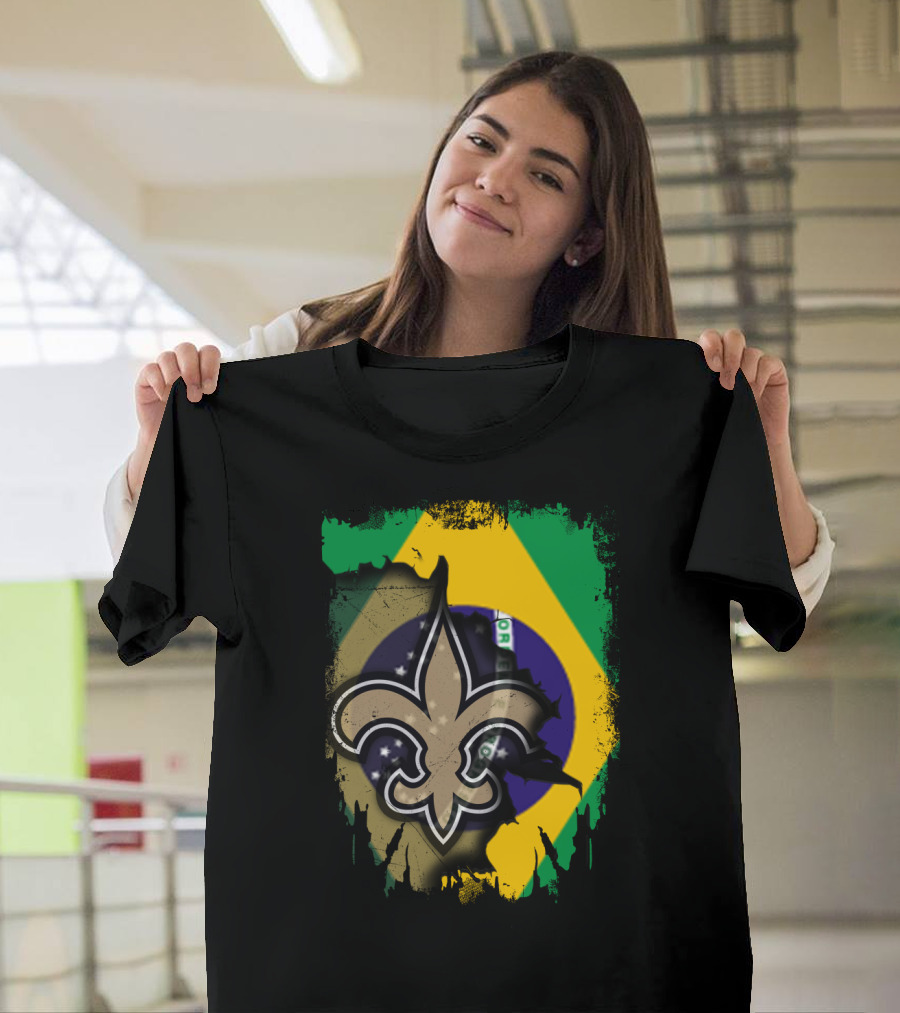Brazilian Flag with New Orleans Saints Fleur-de-Lis Emblem T-Shirt