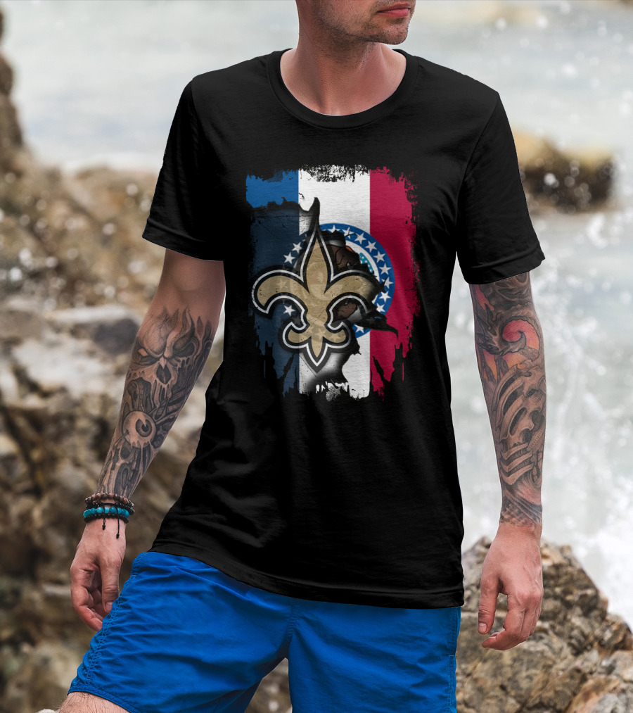 Missouri Flag With New Orleans Saints Fleur-de-Lis T-Shirt