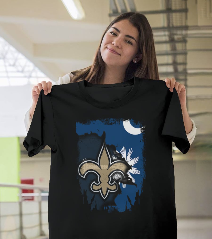 Together South Carolina With New Orleans Saints Fleur-De-Lis Moon Palmetto Tree T-Shirt