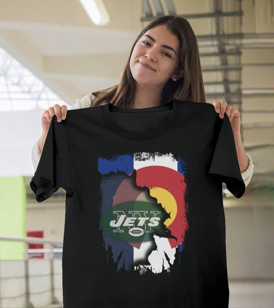 Colorado State Flag With Jets Football Logo In Torn T-Shirt