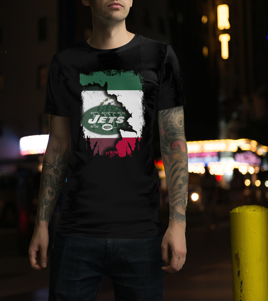 Mexico Flag Background With NY Jets Logo And Aztec Eagle T-Shirt