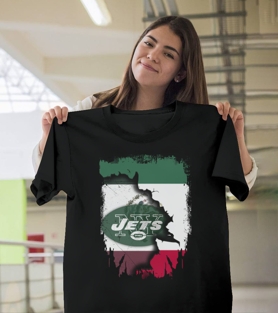 Mexico Flag Background With NY Jets Logo And Aztec Eagle T-Shirt