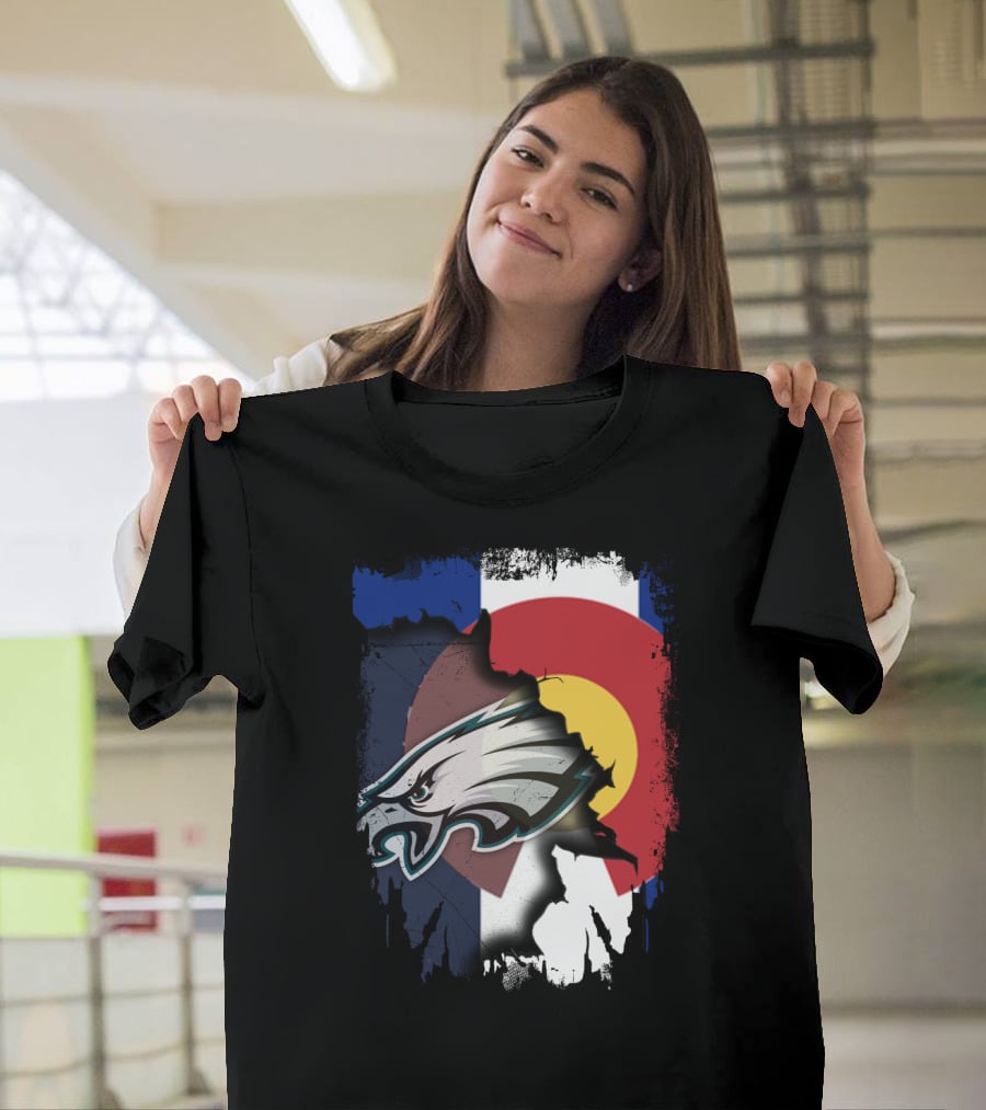 Colorado Flag With Philadelphia Eagles Head Emblem T-Shirt
