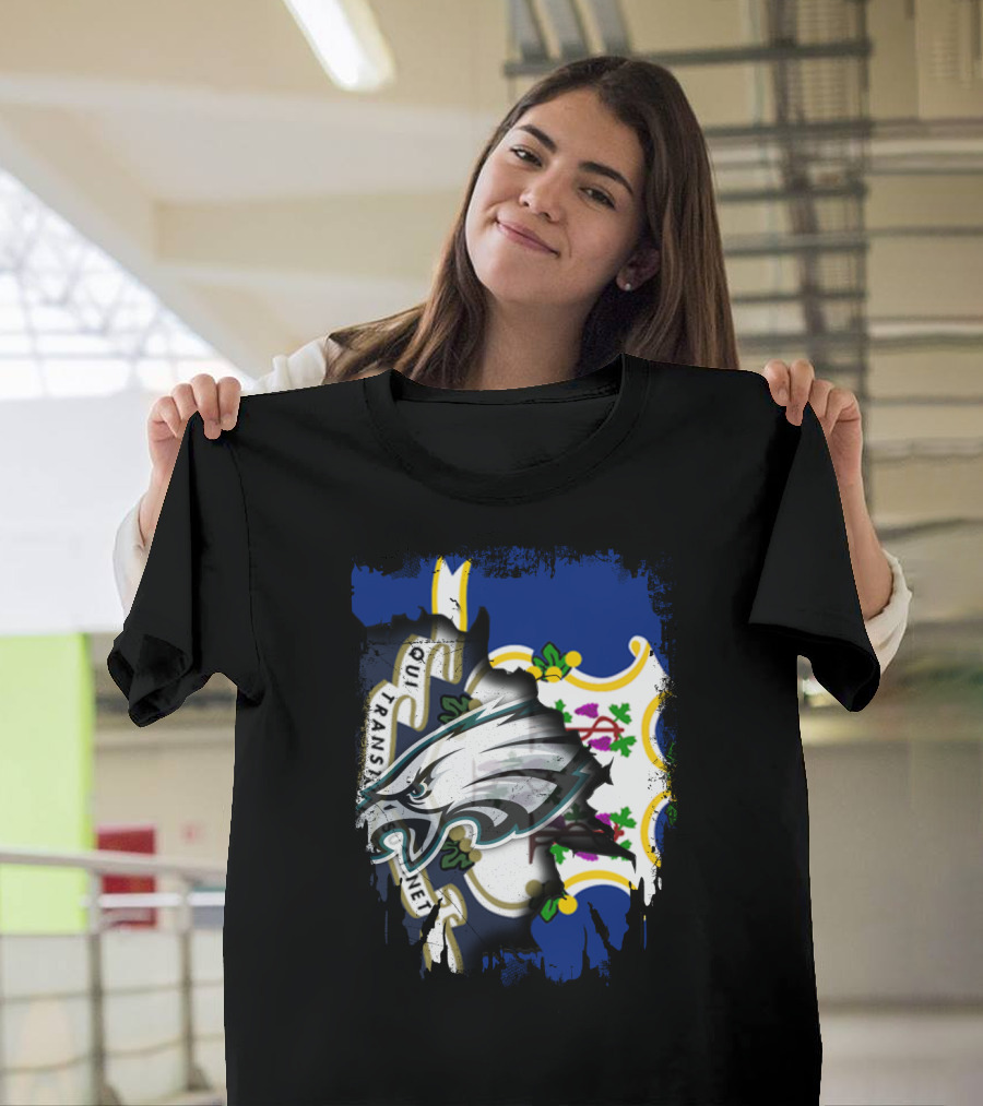 Connecticut with Eagles Qui Transtulit Sustinet Flag T-Shirt