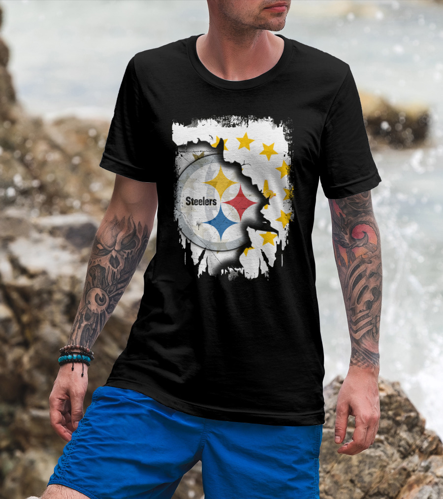 Steelers Logo With Rhode Island Stars And Torn Effect T-Shirt