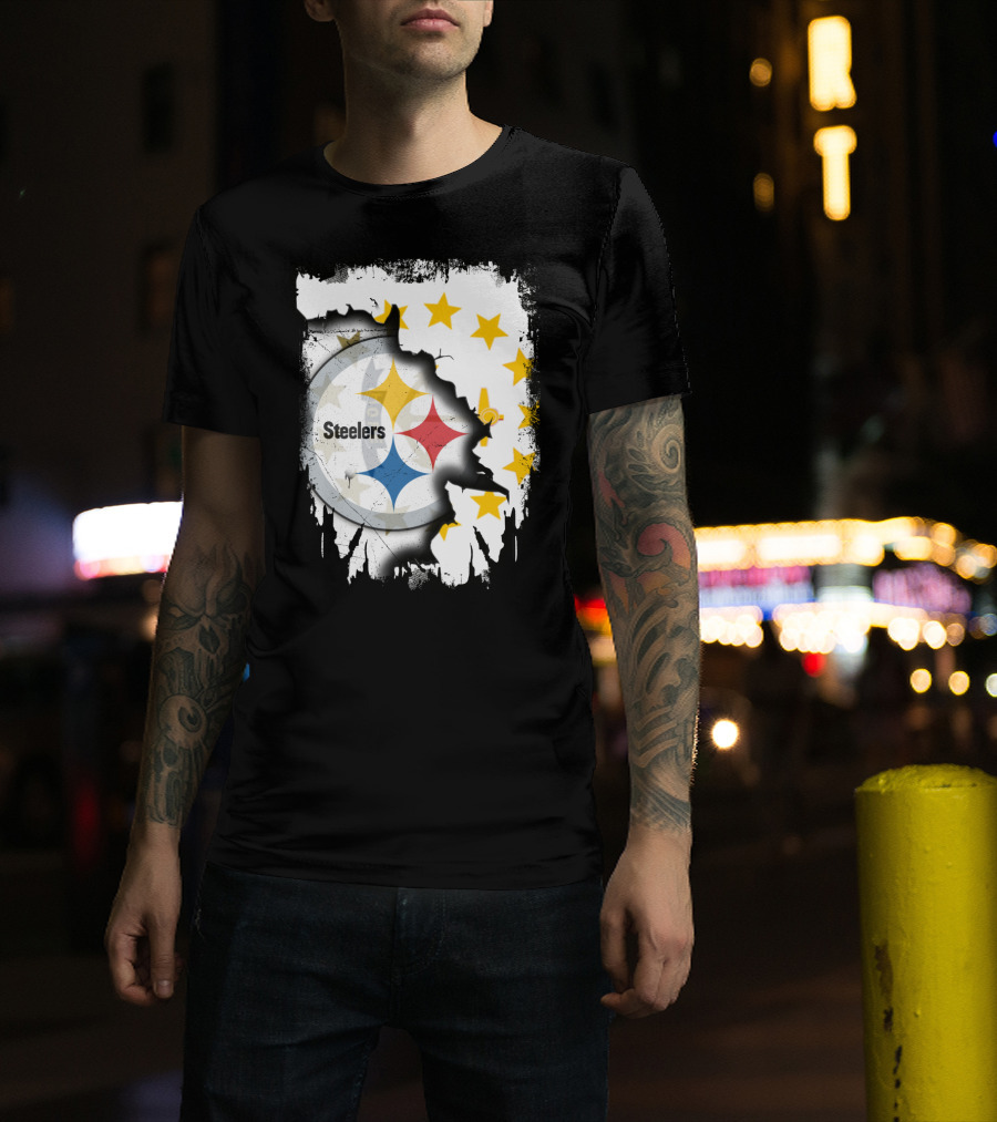 Steelers Logo With Rhode Island Stars And Torn Effect T-Shirt