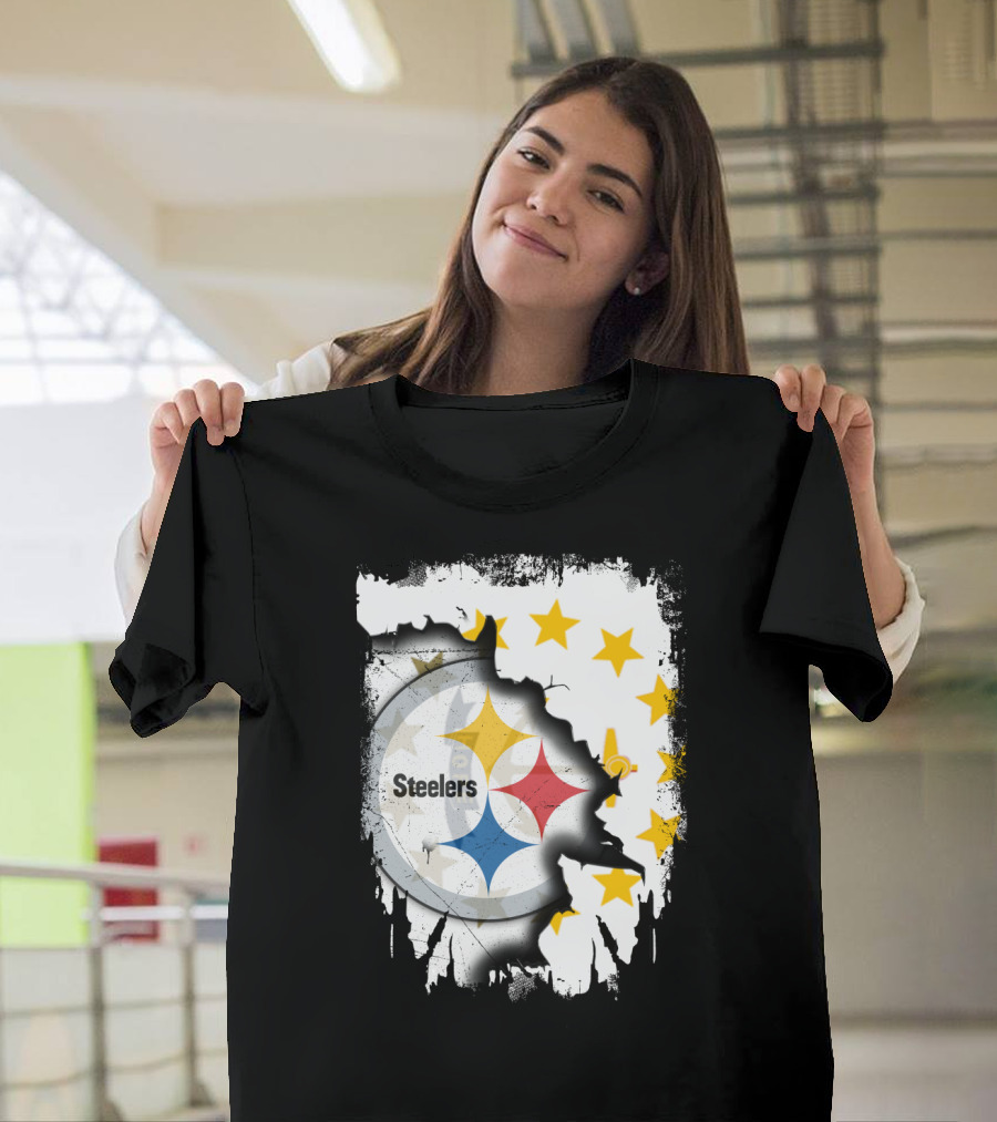 Steelers Logo With Rhode Island Stars And Torn Effect T-Shirt