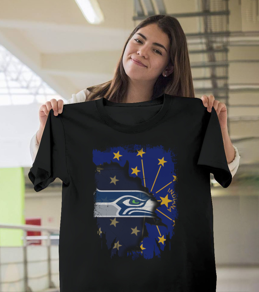 Seahawks Logo Blended With Indiana Flag Stars T-Shirt