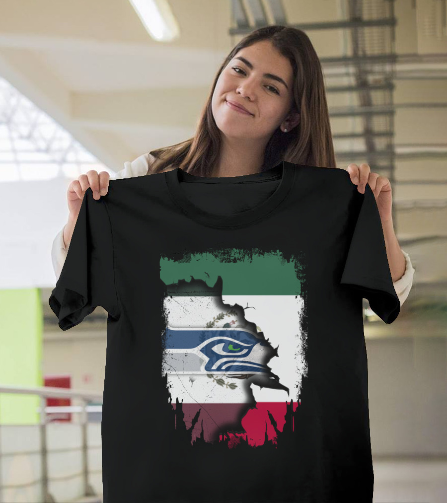 Mexico and Seahawks United with Flag and Logo Overlay T-Shirt