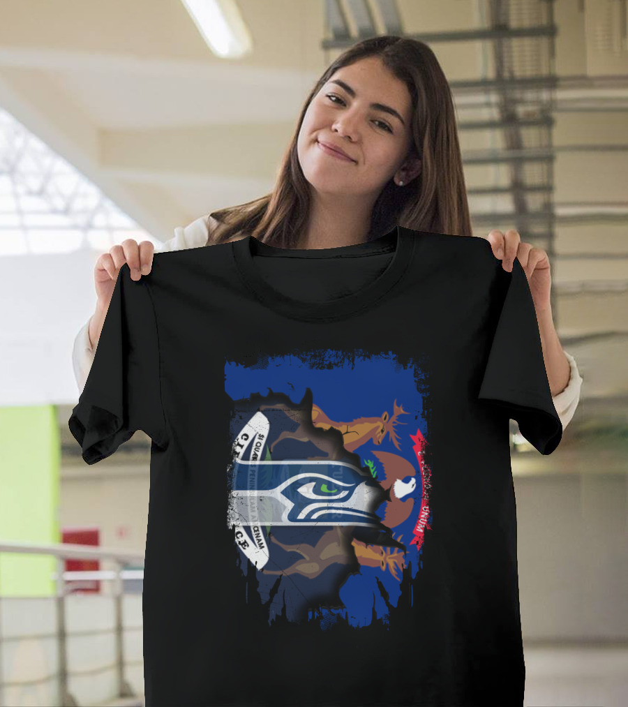 Seahawks Logo With Ripped Michigan Flag Background T-Shirt