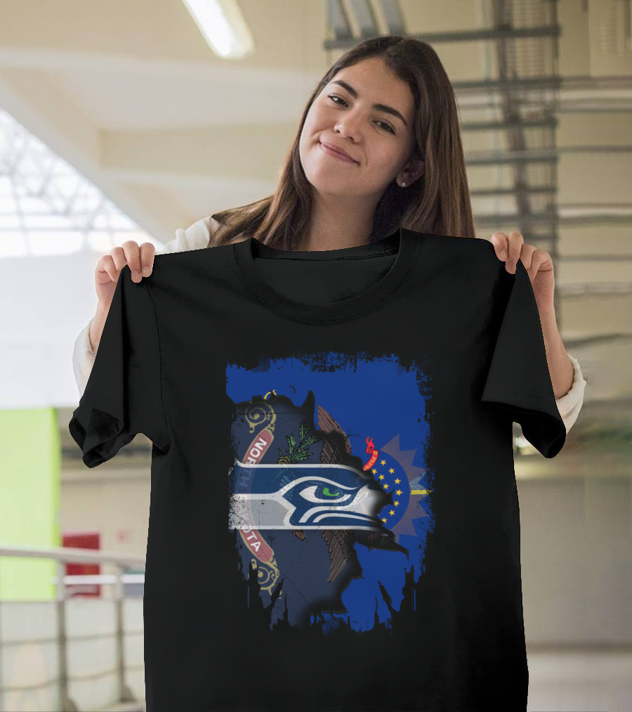 North Dakota Flag With Seattle Seahawks Fusion T-Shirt