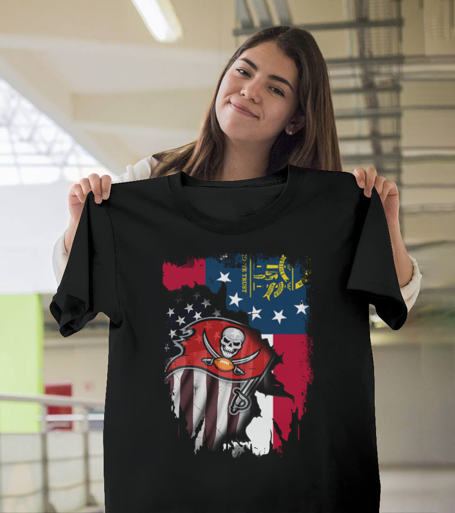 Georgia State Flag with Buccaneers Logo and American Flag Elements T-Shirt