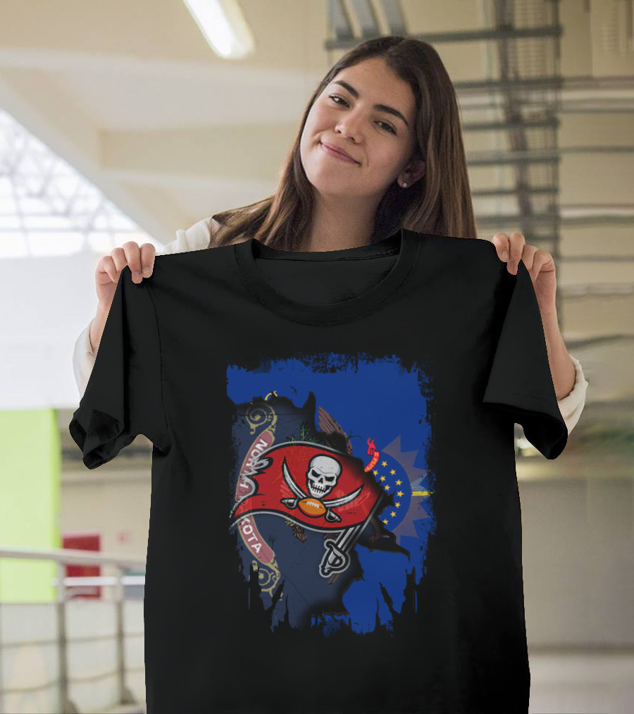 North Dakota Flag With Buccaneers Skull Logo and Football T-Shirt