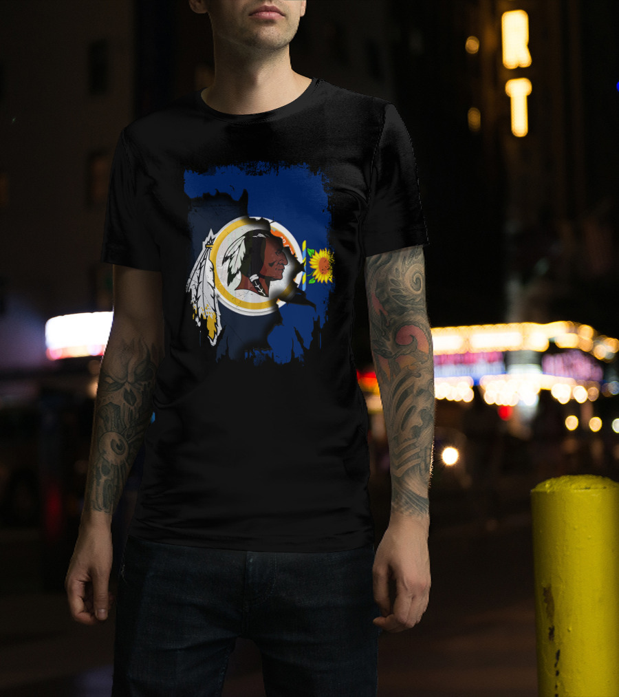 Kansas Map With Redskins Logo And Sunflower Symbol T-Shirt