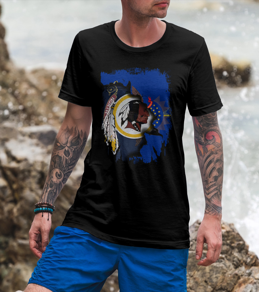North Dakota Pride With Redskins Symbol On Blue T-Shirt