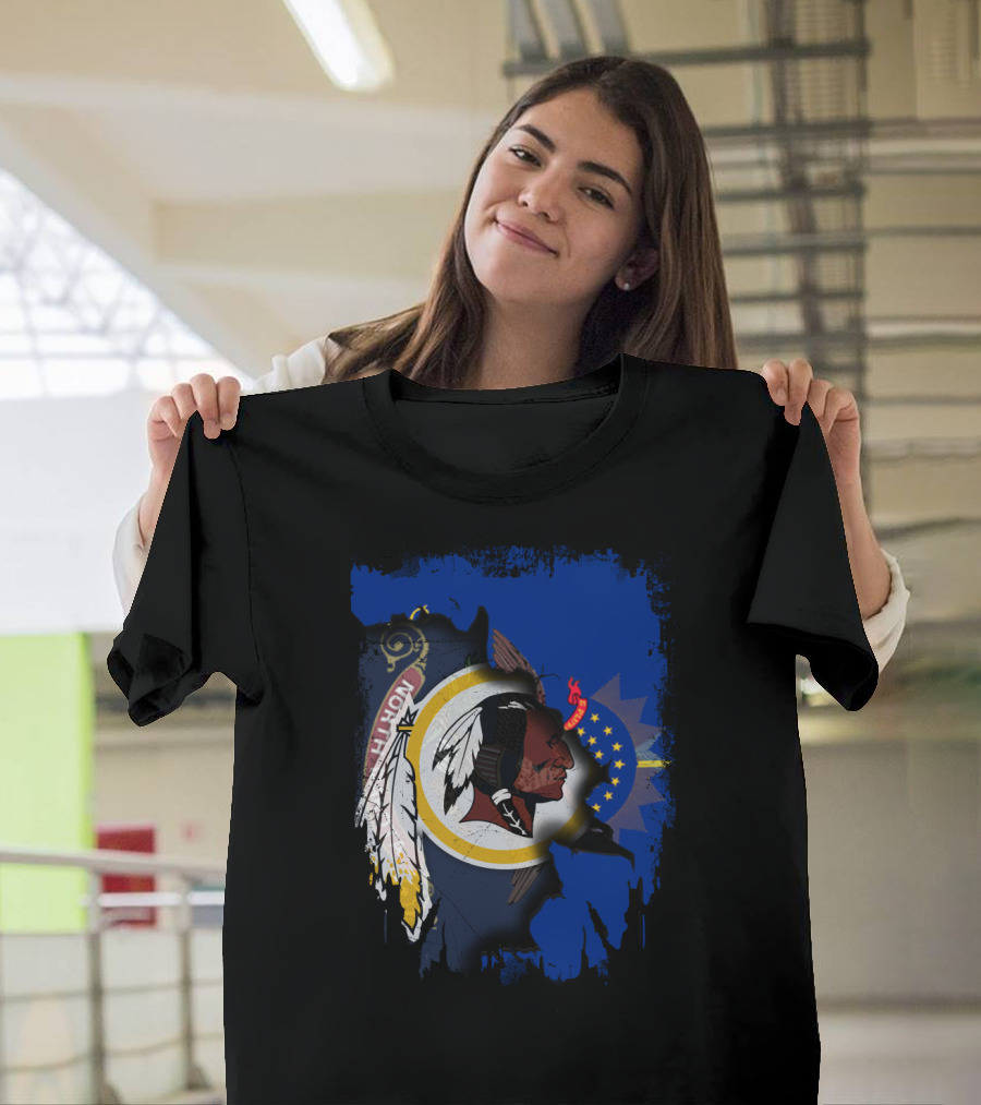 North Dakota Pride With Redskins Symbol On Blue T-Shirt