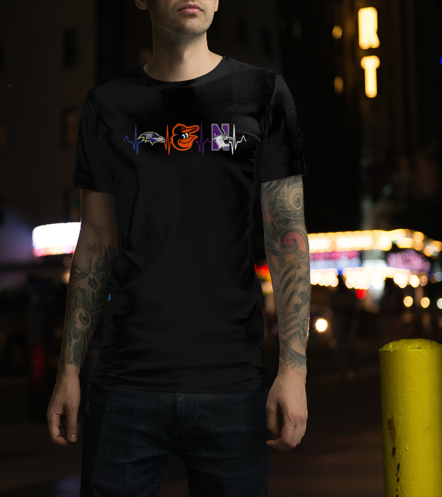 Baltimore Ravens Orioles Northwestern Wildcats Heartbeat T-Shirt