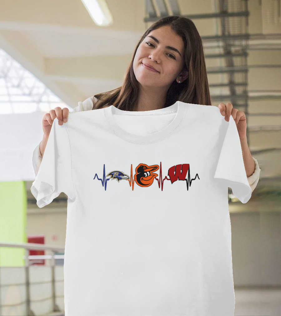 Baltimore Ravens Baltimore Orioles Wisconsin Badgers Heartbeat T-Shirt