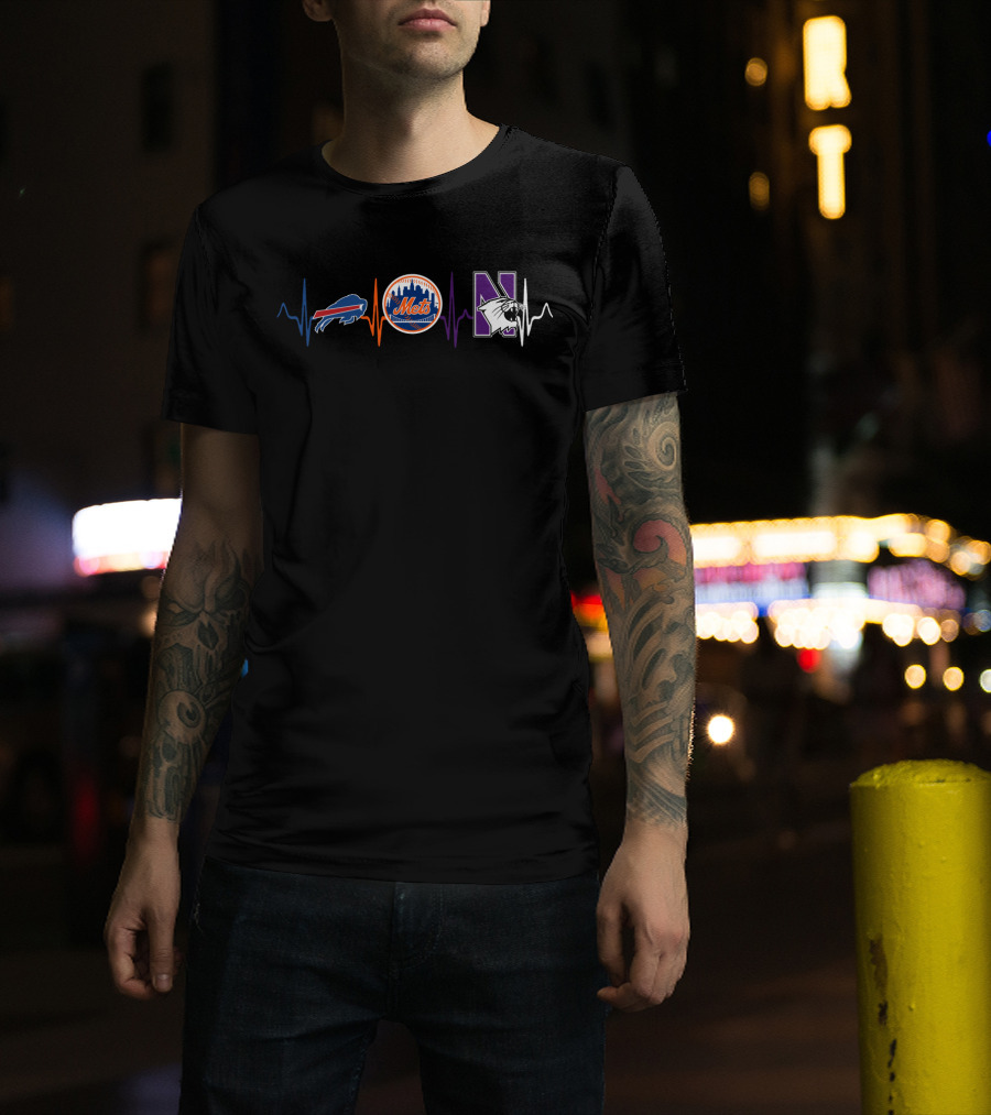 Buffalo Bills New York Mets Northwestern Wildcats Heartbeat T-Shirt