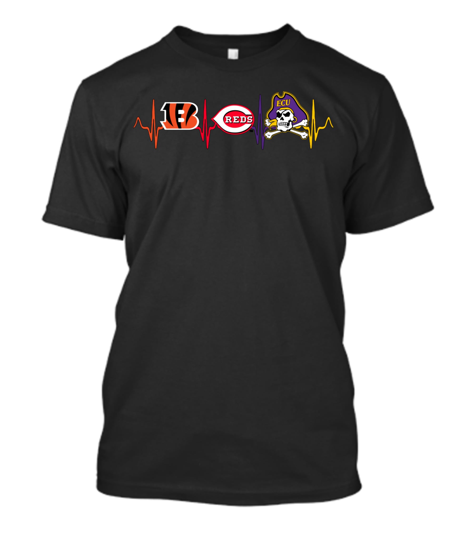 Bengals Reds Ecu Pirates Heartbeat Logos T-Shirt