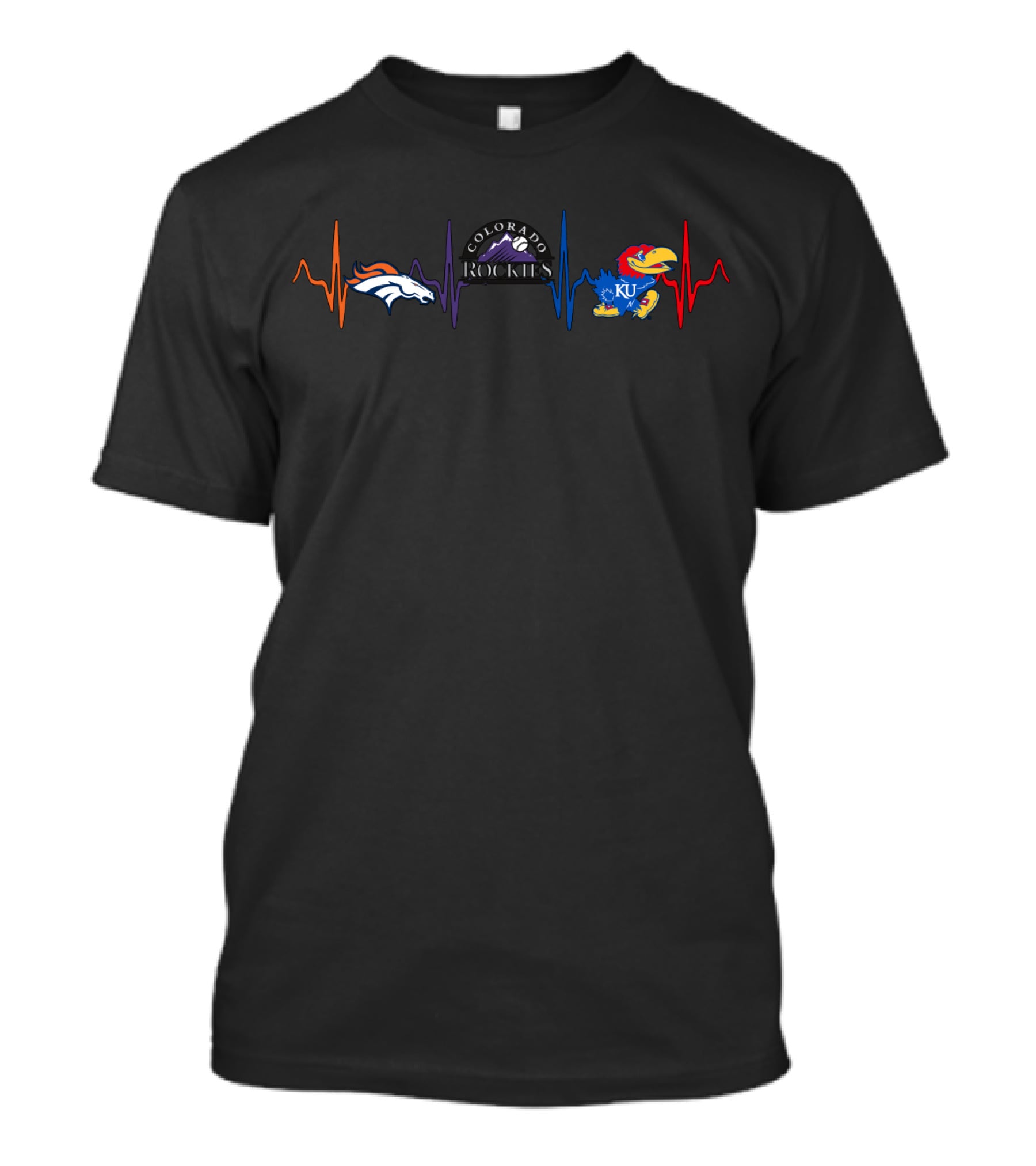 Love For Broncos Colorado Rockies Ku Jayhawks Heartbeat T-Shirt