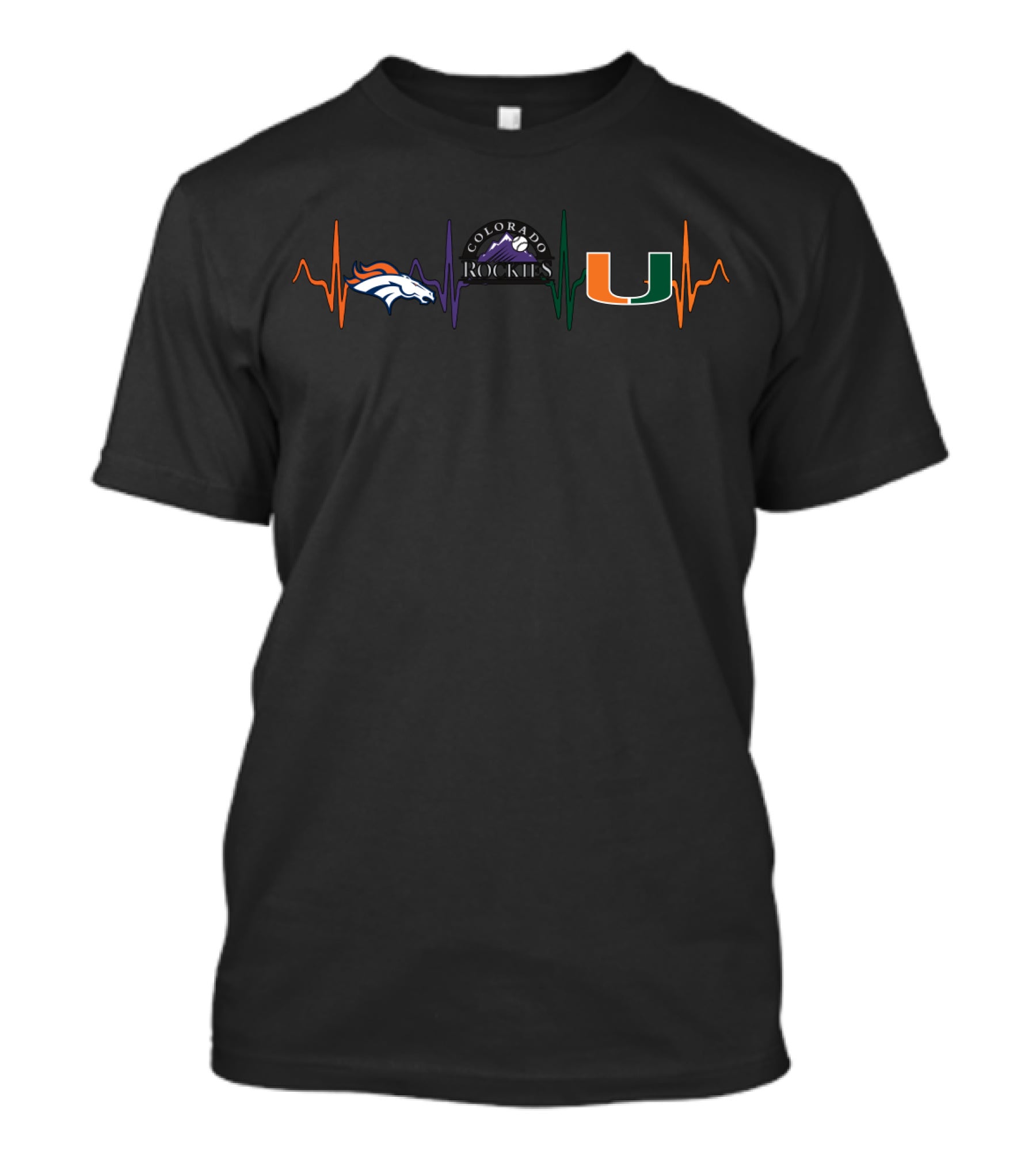 Love Denver Broncos Colorado Rockies Miami Hurricanes Heartbeat T-Shirt