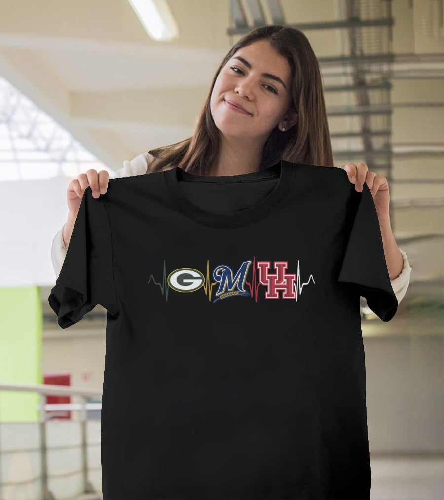 Green Bay Packers Milwaukee Brewers Houston Cougars Heartbeat T-Shirt