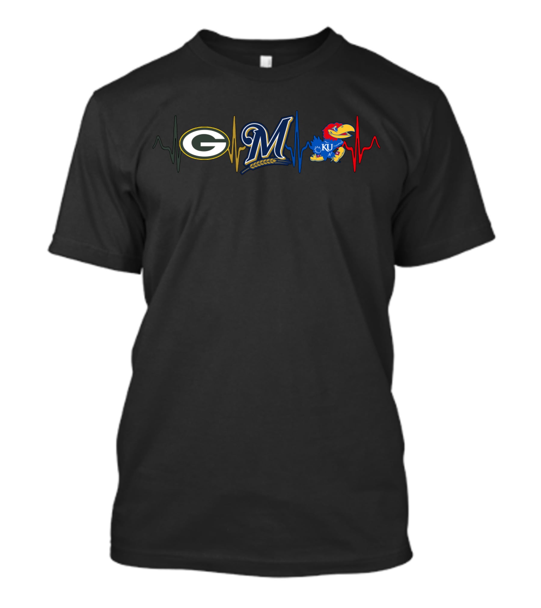 Packers Brewers Ku Jayhawks Heartbeat T-Shirt