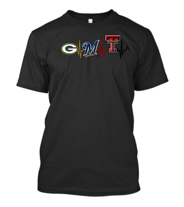 Packers Brewers Red Raiders Heartbeat Logo Combination T-Shirt