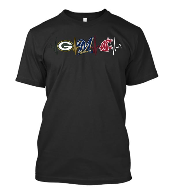 Green Bay Packers Milwaukee Brewers Washington State Cougars Heartbeat T-Shirt