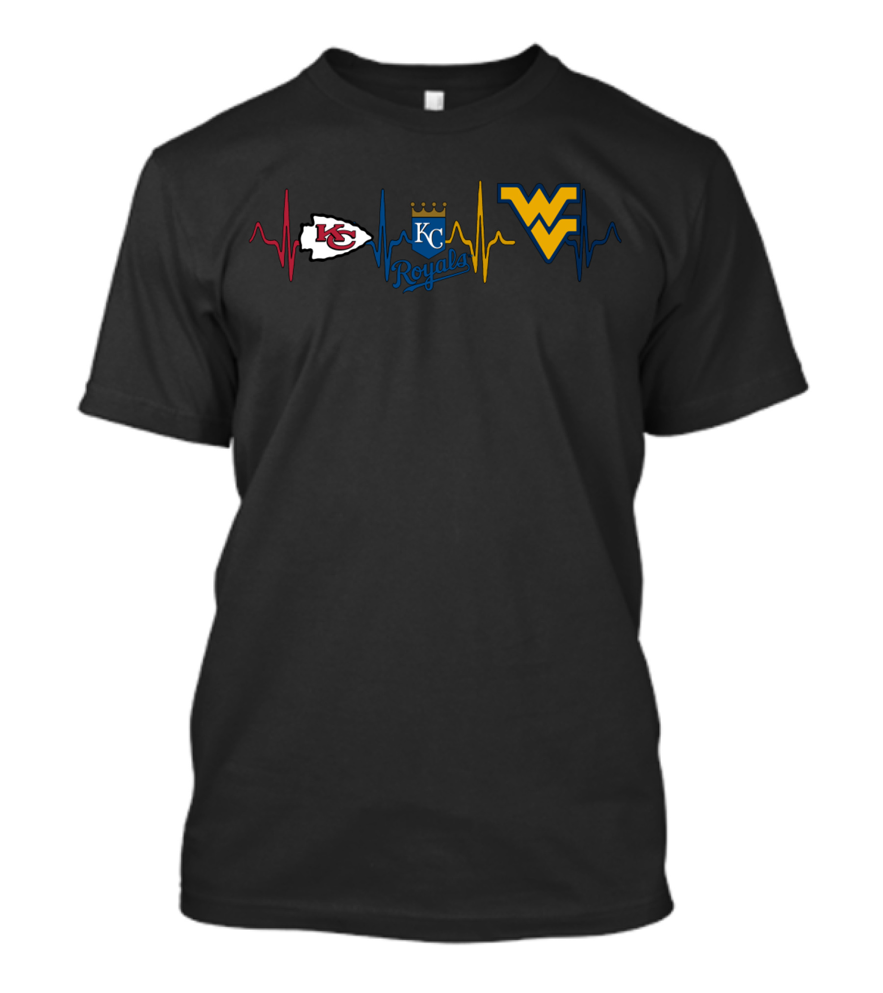 Kansas City Chiefs Royals Wvu Mountaineers Heartbeat Logos T-Shirt