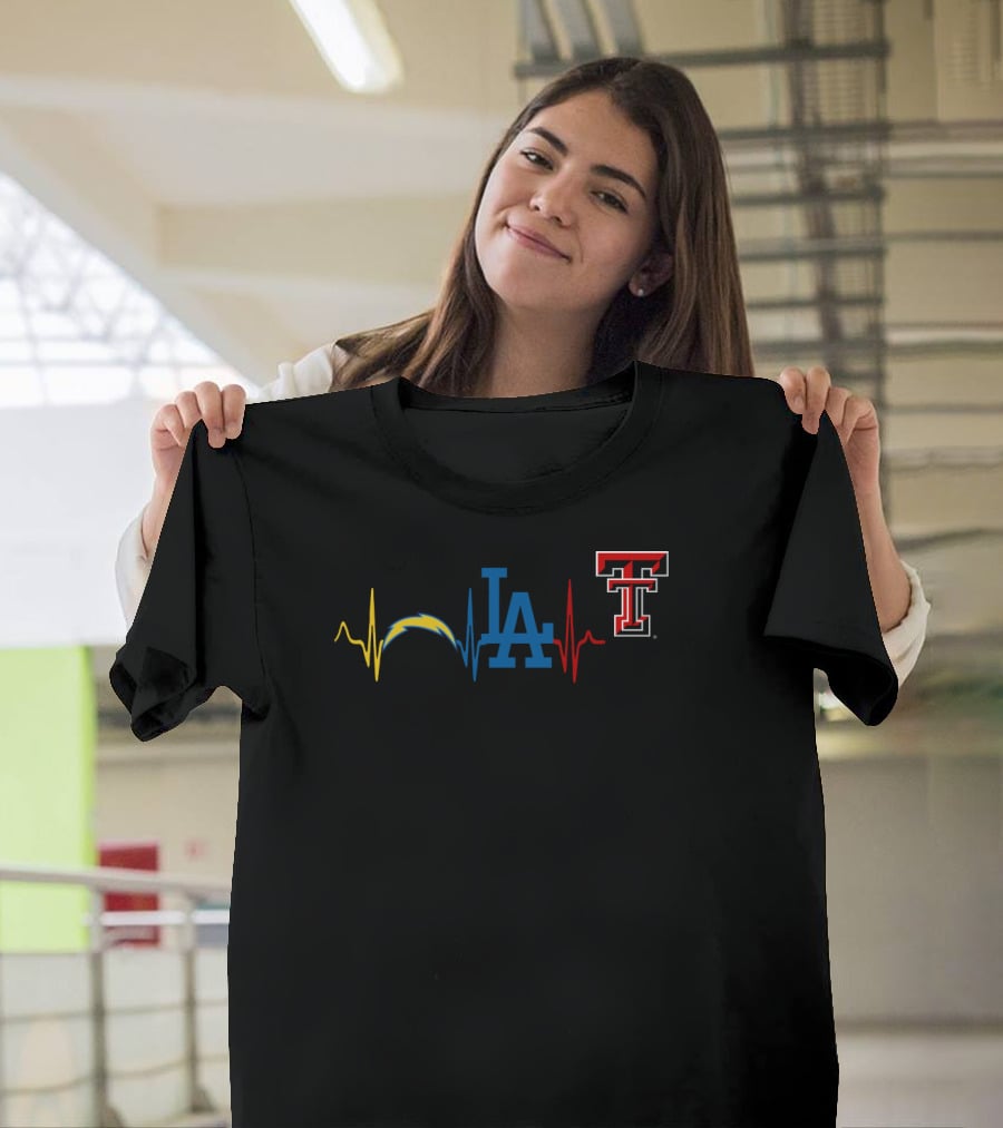 Love Chargers La Dodgers Texas Tech Logos Heartbeat T-Shirt