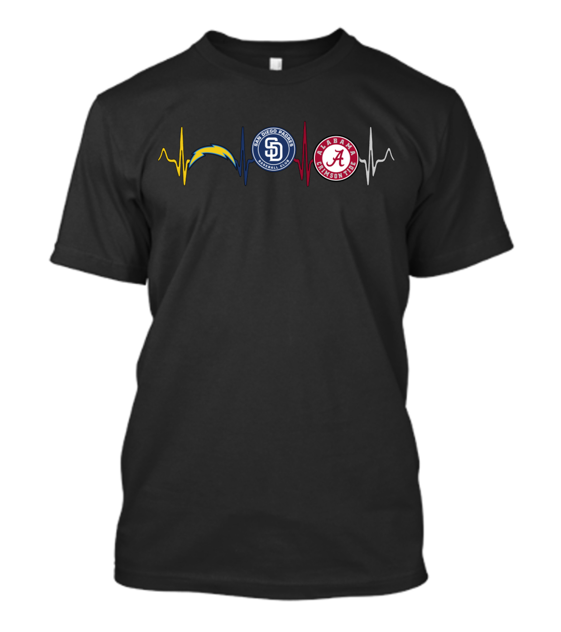 Love Chargers San Diego Padres Alabama Crimson Tide Heartbeat T-Shirt