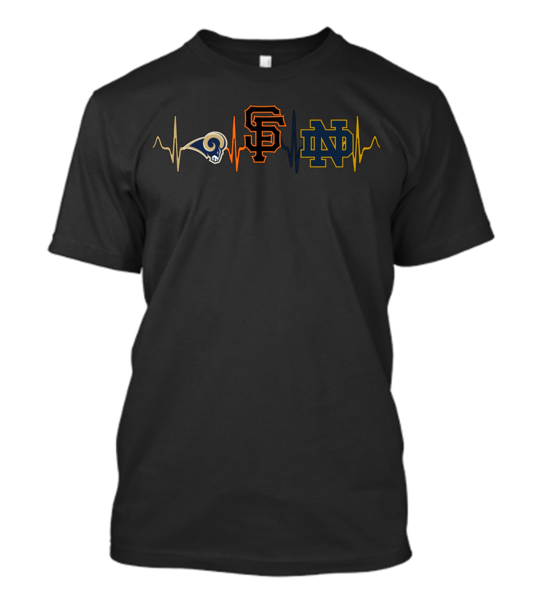Rams Love With Giants And Notre Dame Fighting Irish Heartbeat T-Shirt