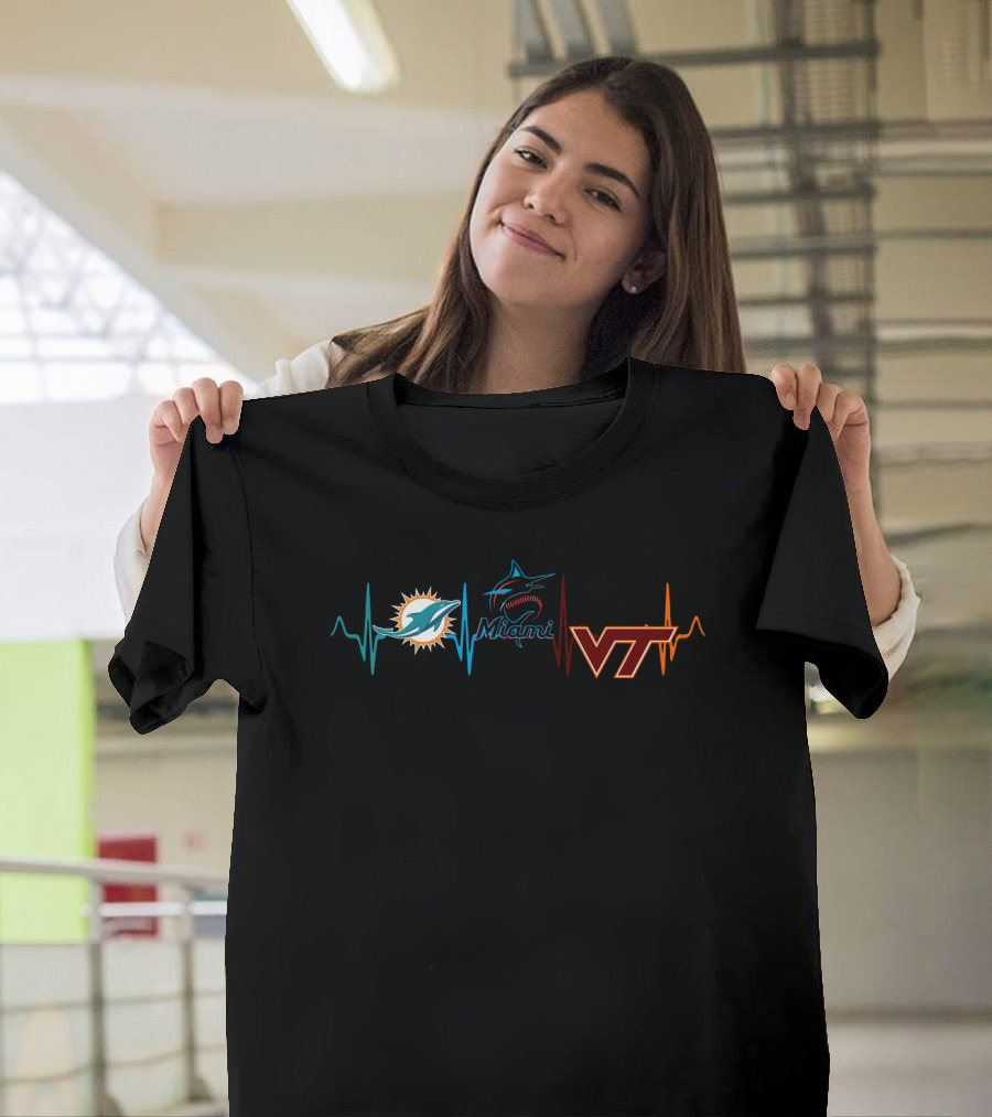 Miami Dolphins Miami Marlins Vt Hokies Heartbeat T-Shirt