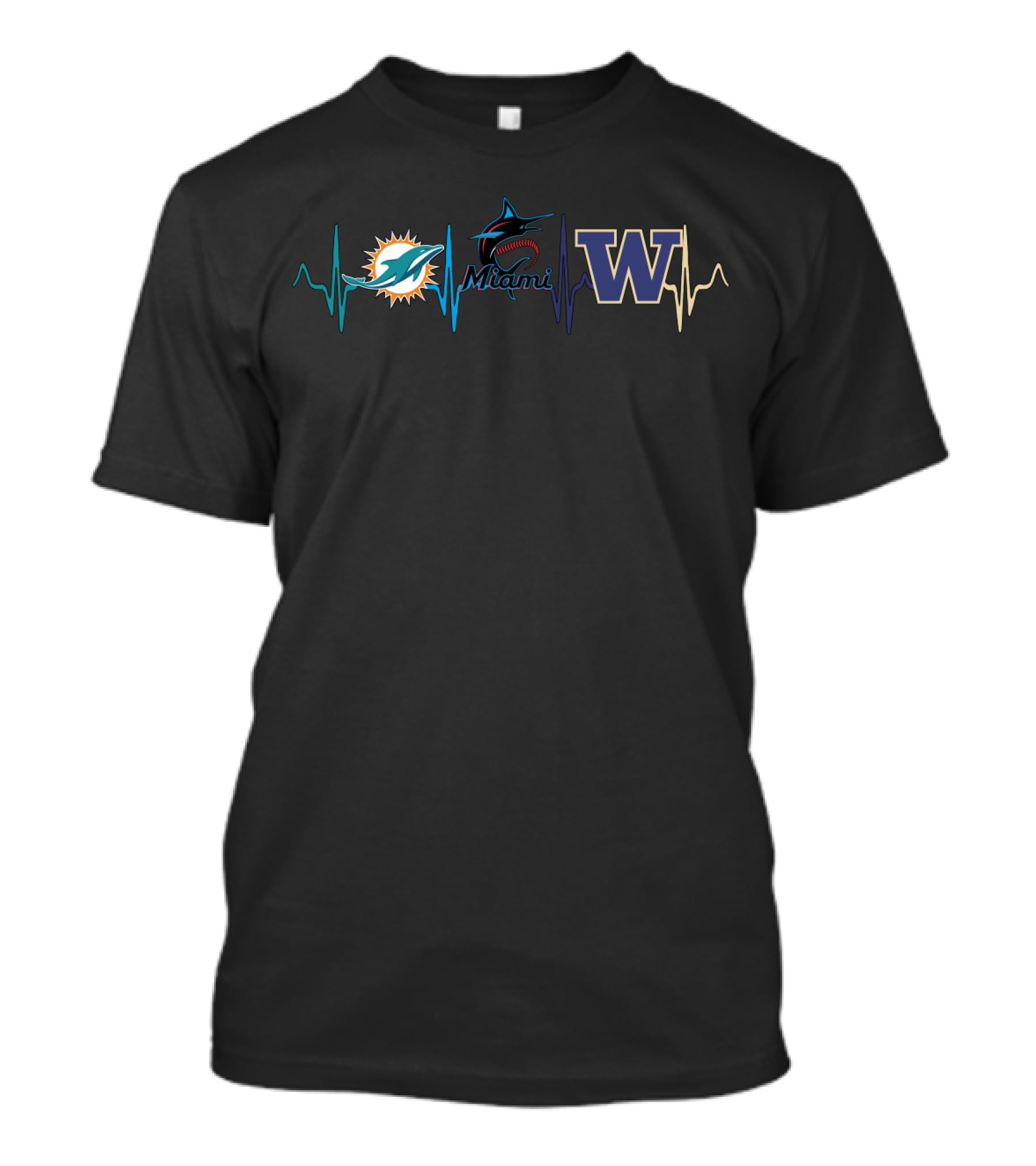 Miami Dolphins Miami Marlins Washington Huskies Heartbeat T-Shirt