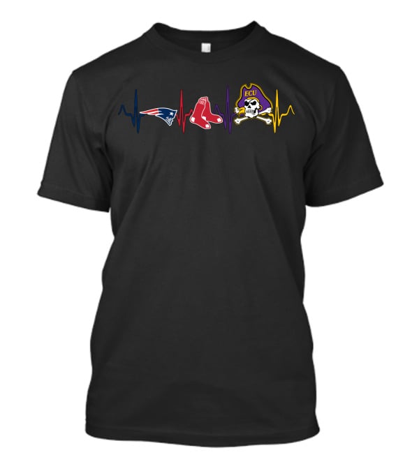 Love Patriots Red Sox Ecu Pirate Skull Heartbeat T-Shirt