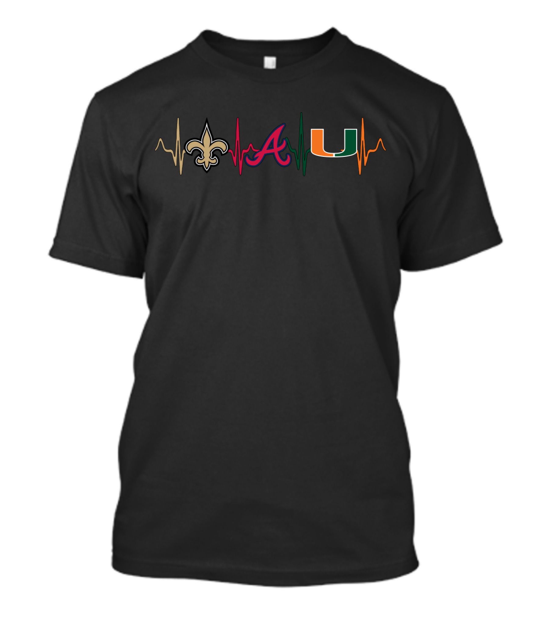 Love New Orleans Saints Atlanta Braves Miami Hurricanes Heartbeat T-Shirt