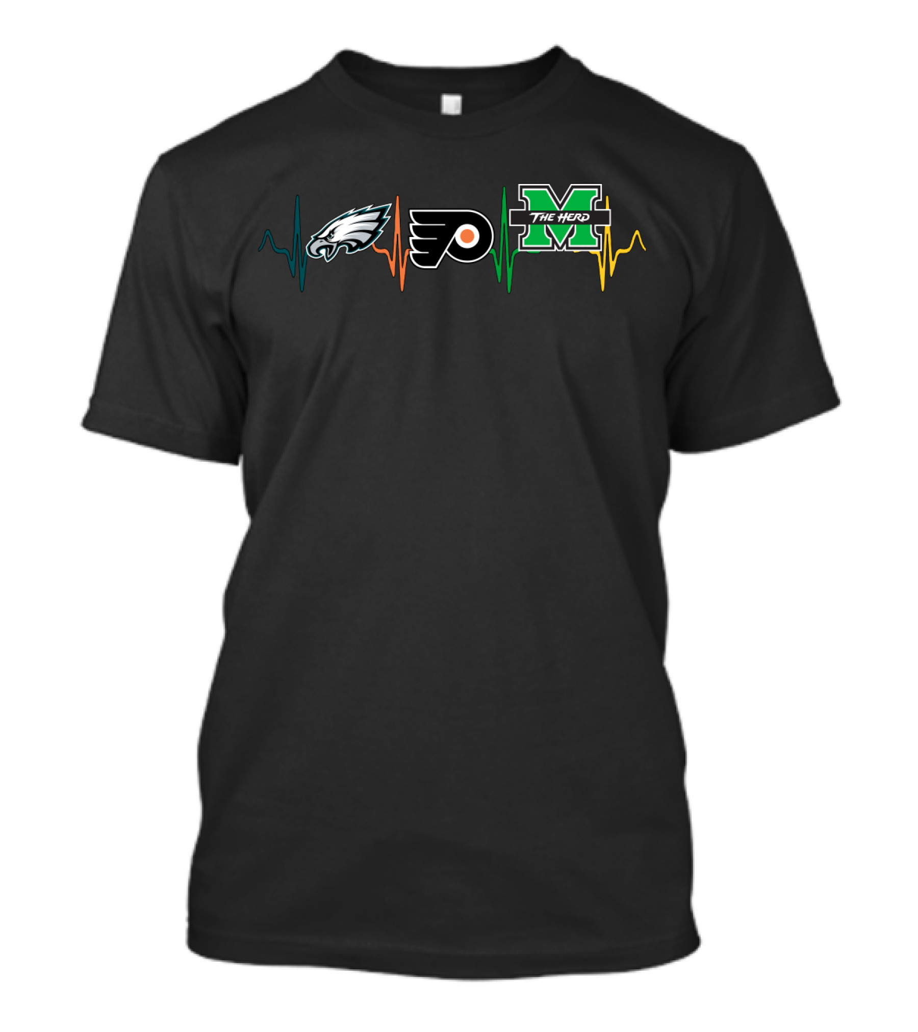Philadelphia Eagles Flyers Marshall Thundering Herd Heartbeat T-Shirt