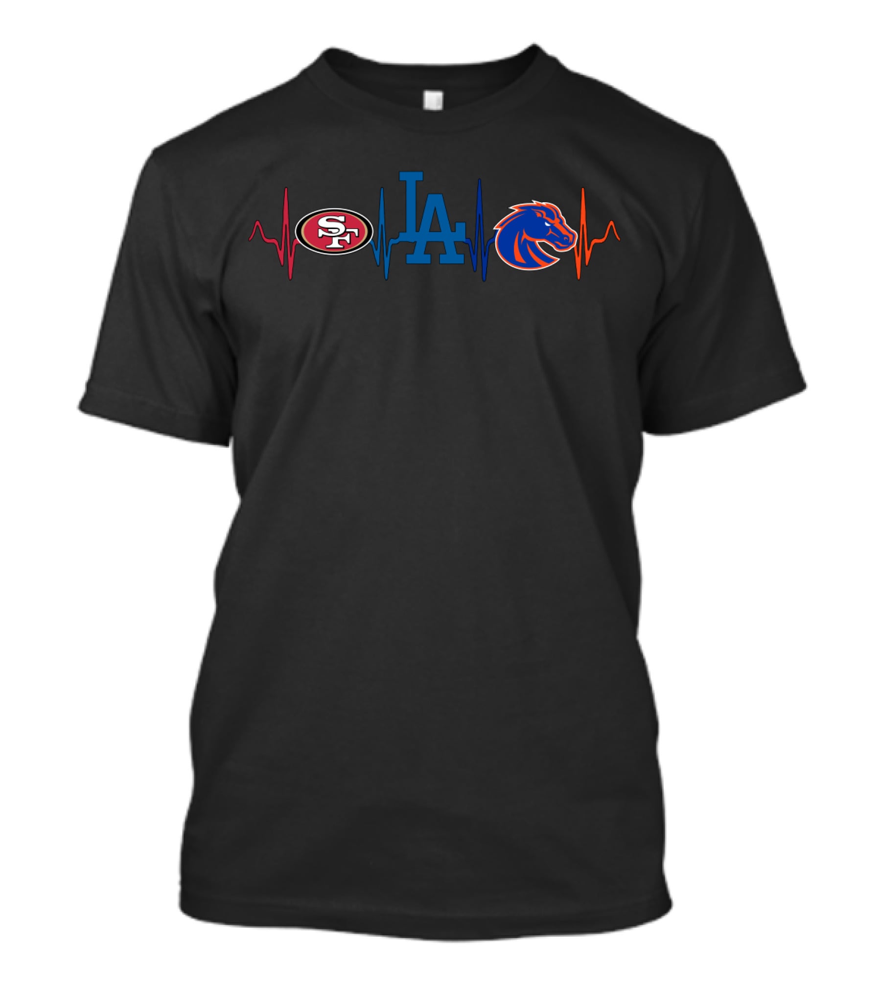 Love 49ers Dodgers And Broncos Football Baseball Heartbeat T-Shirt