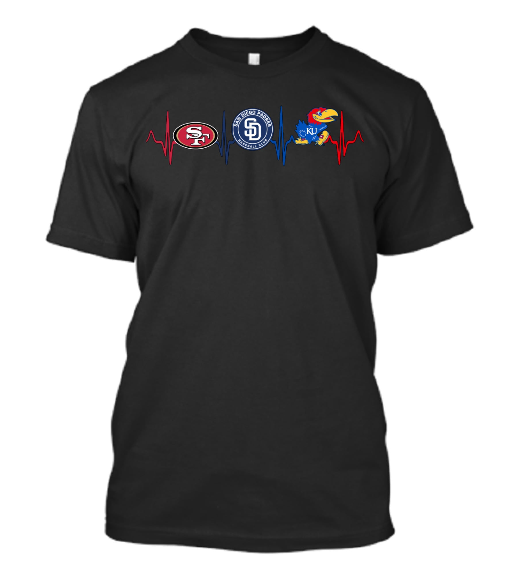 Love 49ers Padres Kansas Jayhawks Heartbeat T-Shirt