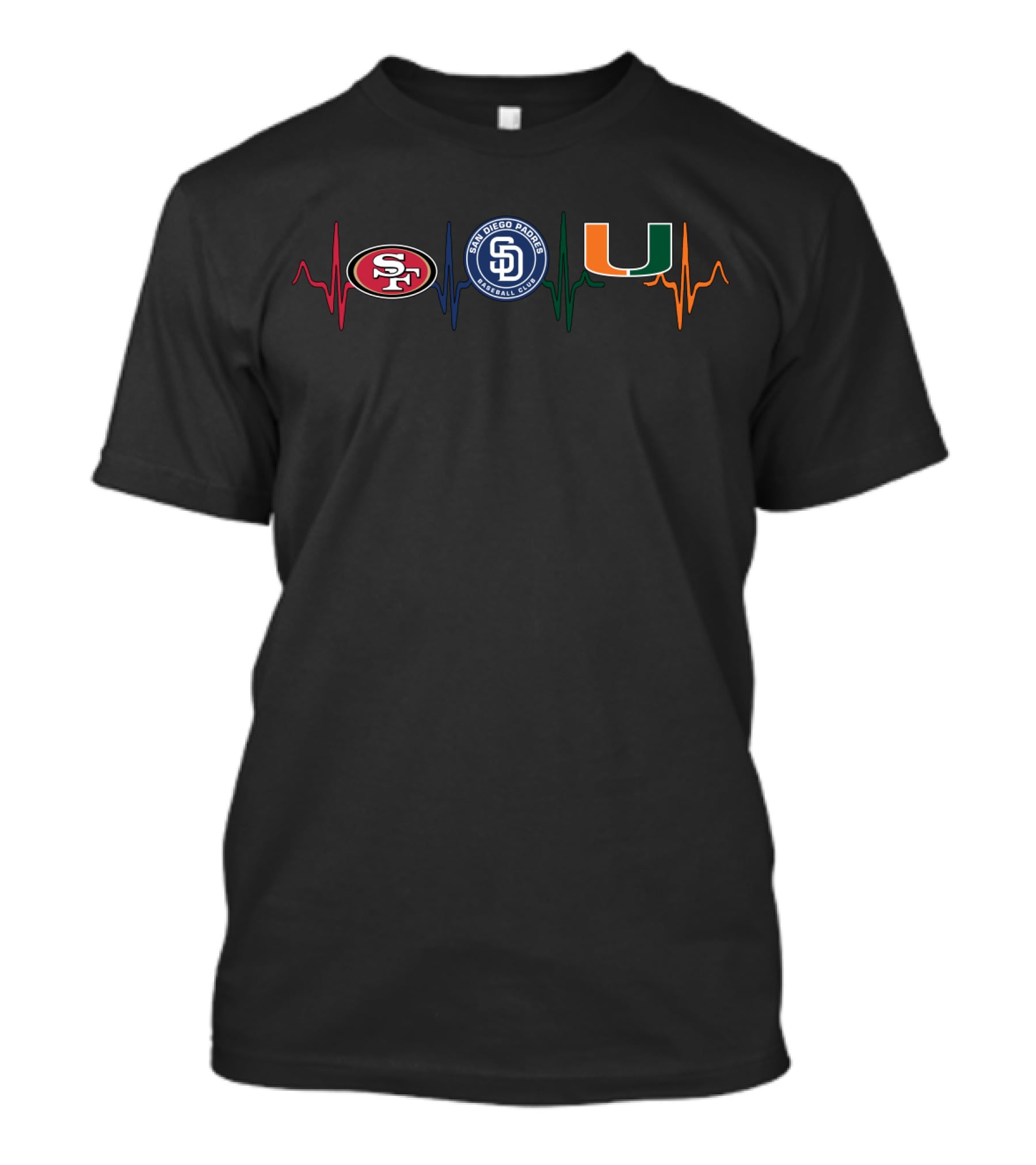 49ers San Diego Padres Miami Hurricanes Fan Heartbeat T-Shirt