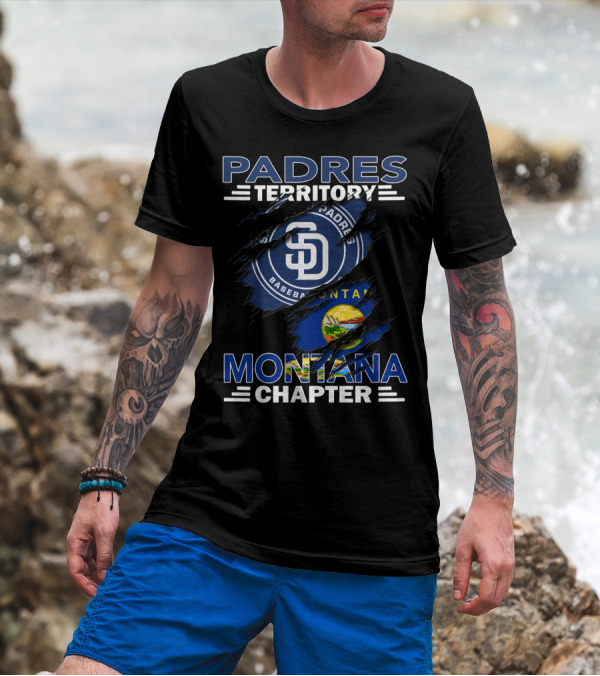 Padres Territory Montana Chapter SD Baseball Logo And Montana Flag Burst T-Shirt